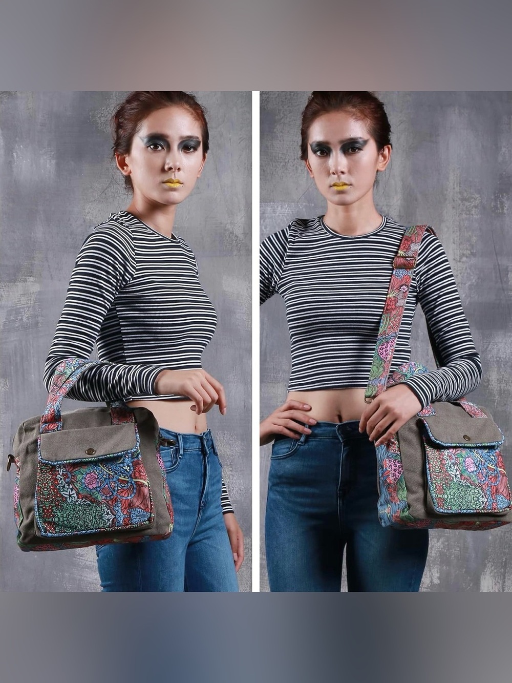 Black Butterfly Floral Canvas Crossbody Purse for Women, Boho Shoulder Bag - Picture 2 of 15